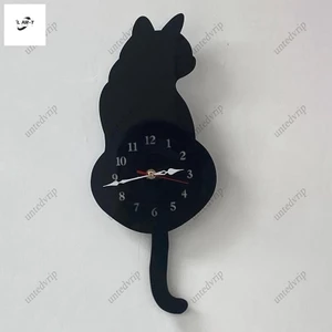 Đồng hồ treo tường con lắc mèo đen có đuôi di chuyển - Đồng hồ xoay vui nhộn Dễ dàng lắp đặt