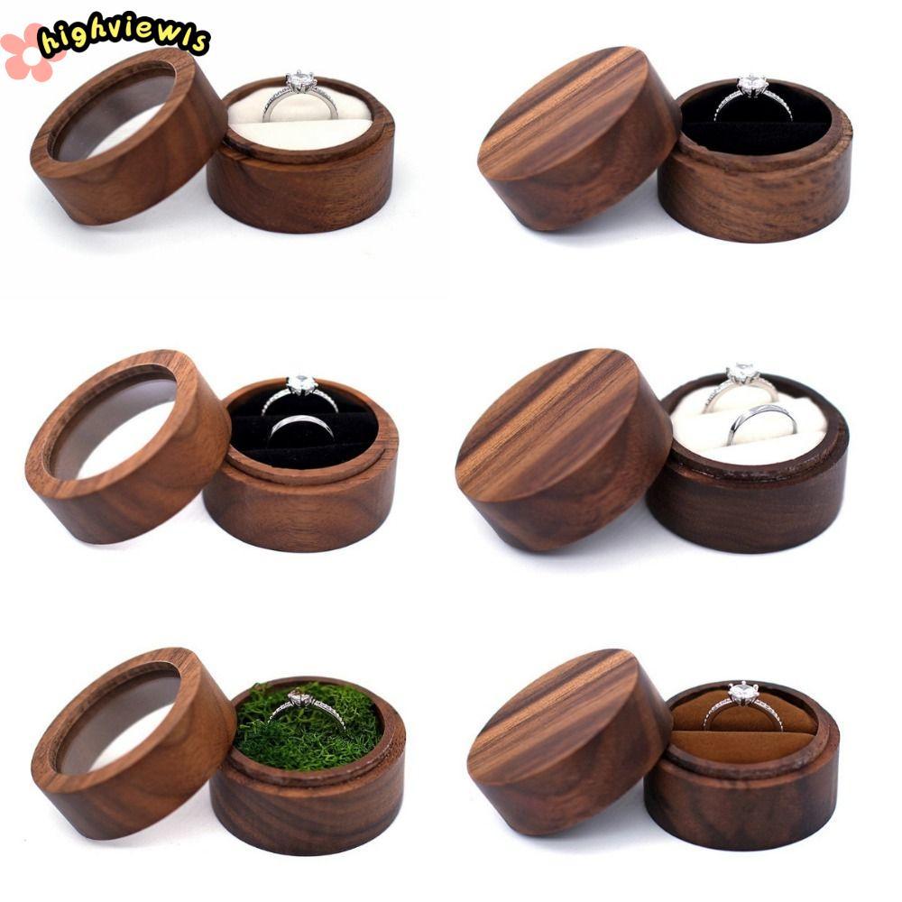 Hộp đựng nhẫn cưới tròn, gỗ di động, nắp trong suốt, màu nâu, cho Ngày lễ tình nhân