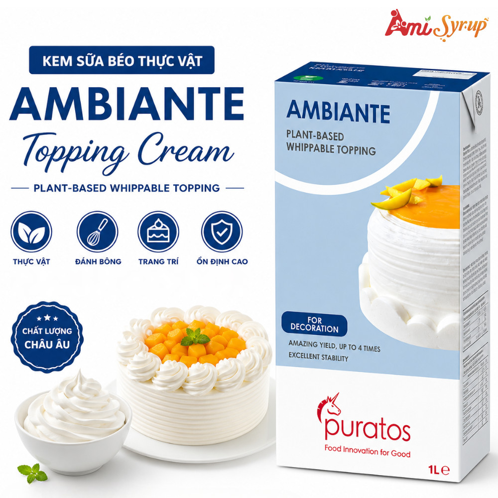 Kem Sữa Béo Thực Vật Ambiante Topping Cream Hộp 1L, Dùng Cho Bánh Mousse, Pudding Hoặc Bánh Tiramisu
