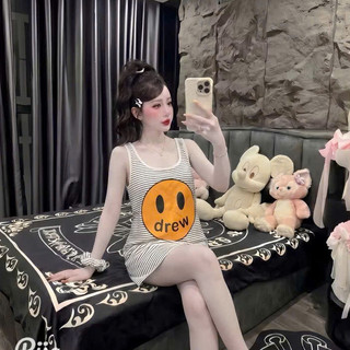 Váy 2 Dây Kẻ Ngang Mặt Cười Dou3le.six Đầm Suông Chất Cotton Co Giãn Mềm Nữ Tính .