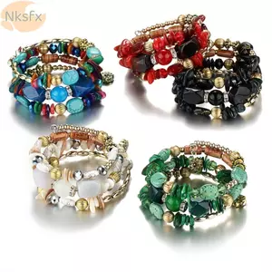 Vòng tay nhiều lớp NKSFX, Vòng tay quyến rũ màu hỗn hợp phong cách cổ điển, Trang sức cổ điển Đá nhựa thủ công Vòng tay đính cườm đàn hồi Ngày lễ đại dương