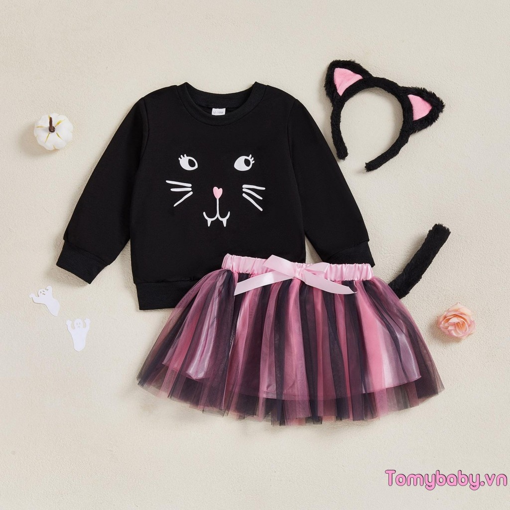 Bộ trang phục Halloween cho bé gái mới biết đi Áo thun in hình mèo + Váy chữ A Mini vải tuyn + Đuôi + Băng đô Bộ 4 chiếc