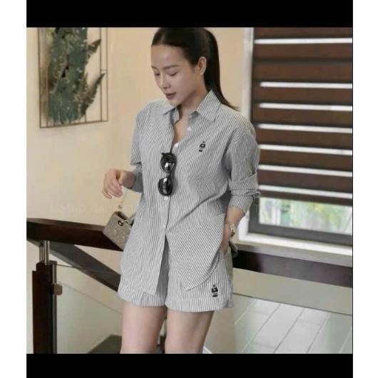 Set Bộ Áo Sơ Sọc Kẻ Thêu Gấu Kèm Quần Short Thun Năng Động, Chất cotton Thoáng Mát Dày Dặn - Có bigsizeBs078