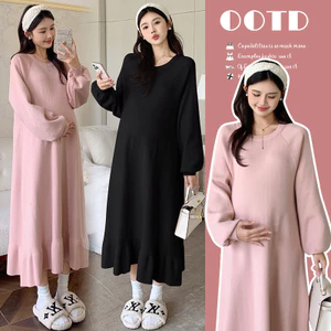 Đầm Bà Bầu Thu Đông Cổ Tròn Dày Ấm Áp, Thoải Mái Cho Mọi Hoạt Động