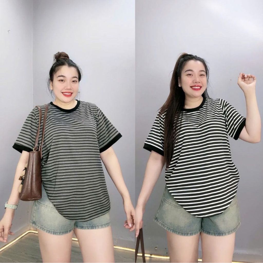 Áo Thun Oversize Bigsize Nữ – Phom Rộng Kẻ Sọc Phối Viền Màu, Thoải Mái Size 50-92kg A294