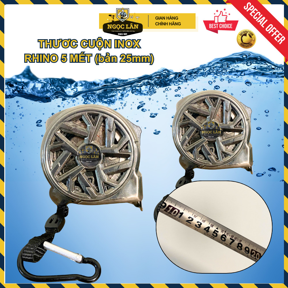 [Hạn chế gỉ] Thước cuộn thép Rhino 5m bản 25mm inox chống nước vỏ nhựa cao cấp