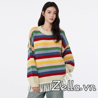 Áo len nữ dáng Oversize sọc cầu vồng, tay dài cổ tròn, chất liệu cao cấp