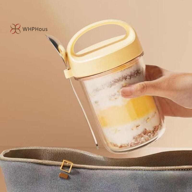 < WHPHous-t > 430ML Cốc ăn sáng mới Bột yến mạch Ngũ cốc Hạt Sữa chua Salad Cốc thủy tinh chống rò rỉ Hộp đựng yến mạch có nắp Thìa Hộp bảo quản thực phẩm