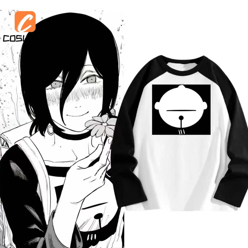 Bộ cosplay anime Reze với áo thun dài tay đen trắng, phù hợp cho cosplayer và thời trang hàng ngày