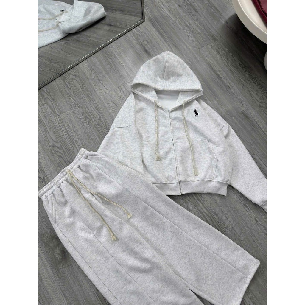 SÉT BỘ QUẦN ỐNG RỘNG Nỉ 2da xám tiêu + MIX ÁO khoác nỉ tầu có khoá in ngựa ngực-gonpho2k