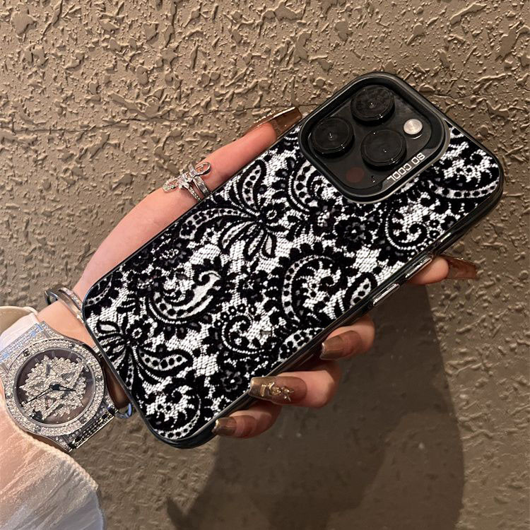 Dành Cho iPhone 16 15 17 Pro Max 11 13 14 12 Pro Cho iPhone 16e 7 8 Plus XS Max X XR SE2022 Thời Trang Ren Đen Viền Cô Gái Thoáng Mát IMD Matte Cứng Chống Sốc