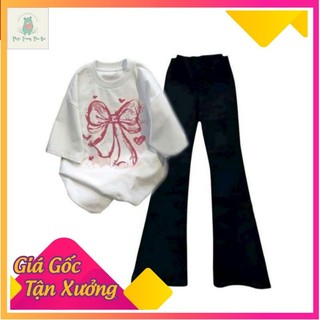 sét bộ quần ống loe + mix áo phông nơ Loang form rộng-