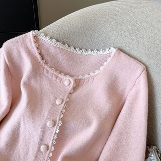 Áo Khoác Cardigan Preppy Cổ Tròn from Ren Sữa Xanh và Len, Phong Cách Hàn Quốc