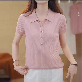 Áo len ngắn tay cổ POLO phong cách Hàn Quốc thời trang phù hợp với mẹ trẻ Áo thun màu trơn màu xanh nhạt Top 2026