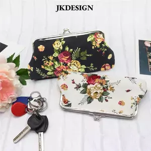 Ví đựng tiền xu JKDESIGN, Hộp đựng thẻ tín dụng bằng kim loại bằng vải Canvas, Ví ly hợp in hoa hồng dài thời trang dành cho nữ