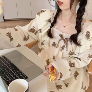 Đồ Ngủ Kiểu Mỏng Bộ Đồ Phong Cách Công Chúa Dài Tay Mùa Xuân Thu Cho Nữ Bộ Đồ Mặc Nhà Rộng Rãi Gấu Cổ Ren Ngọt Ngào