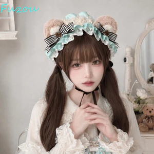 FUJIOU Gấu Tai Bánh Quy Băng Đô, Có Thể Điều Chỉnh Nơ Gothic Tóc Vòng, Decora Ngọt Ngào Nhẹ Buộc Dây KC Girl Phụ Kiện Tóc Phong Cách Cô Gái Ngọt Ngào