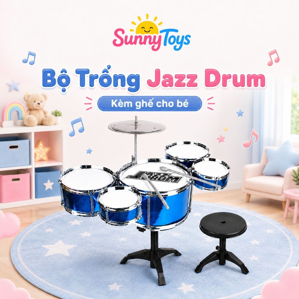 Dàn Trống Jazz Mini Sunnytoys Kèm Ghế - 5 Mặt Trống, 1 Chũm Chọe Cho Bé Vui Chơi Âm Nhạc