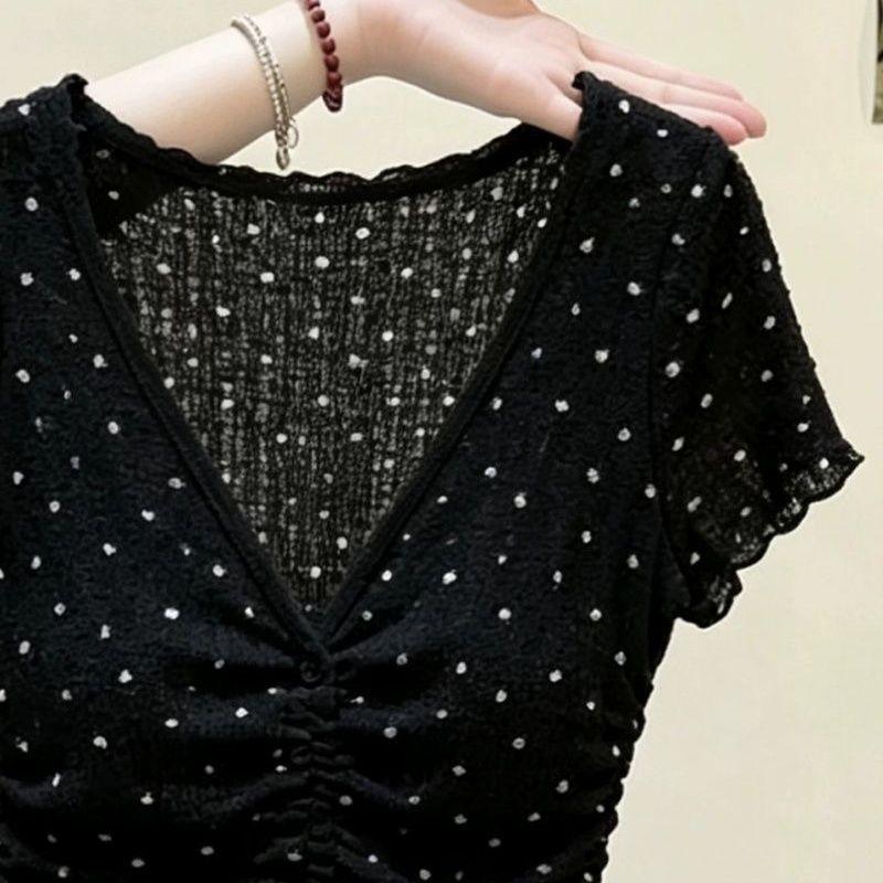 [Hàng mới về] Áo thun ngắn tay cổ chữ V chấm bi màu đen đẹp, phong cách phương Tây mùa hè màu đỏ