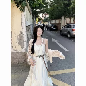 Mùa Hè Siêu Cổ Tích Rời Sling Váy Dài Phong Cách Kỳ Nghỉ Đầm Nữ + Ren Rỗng Kem Chống Nắng Cardigan Bộ Hai Mảnh