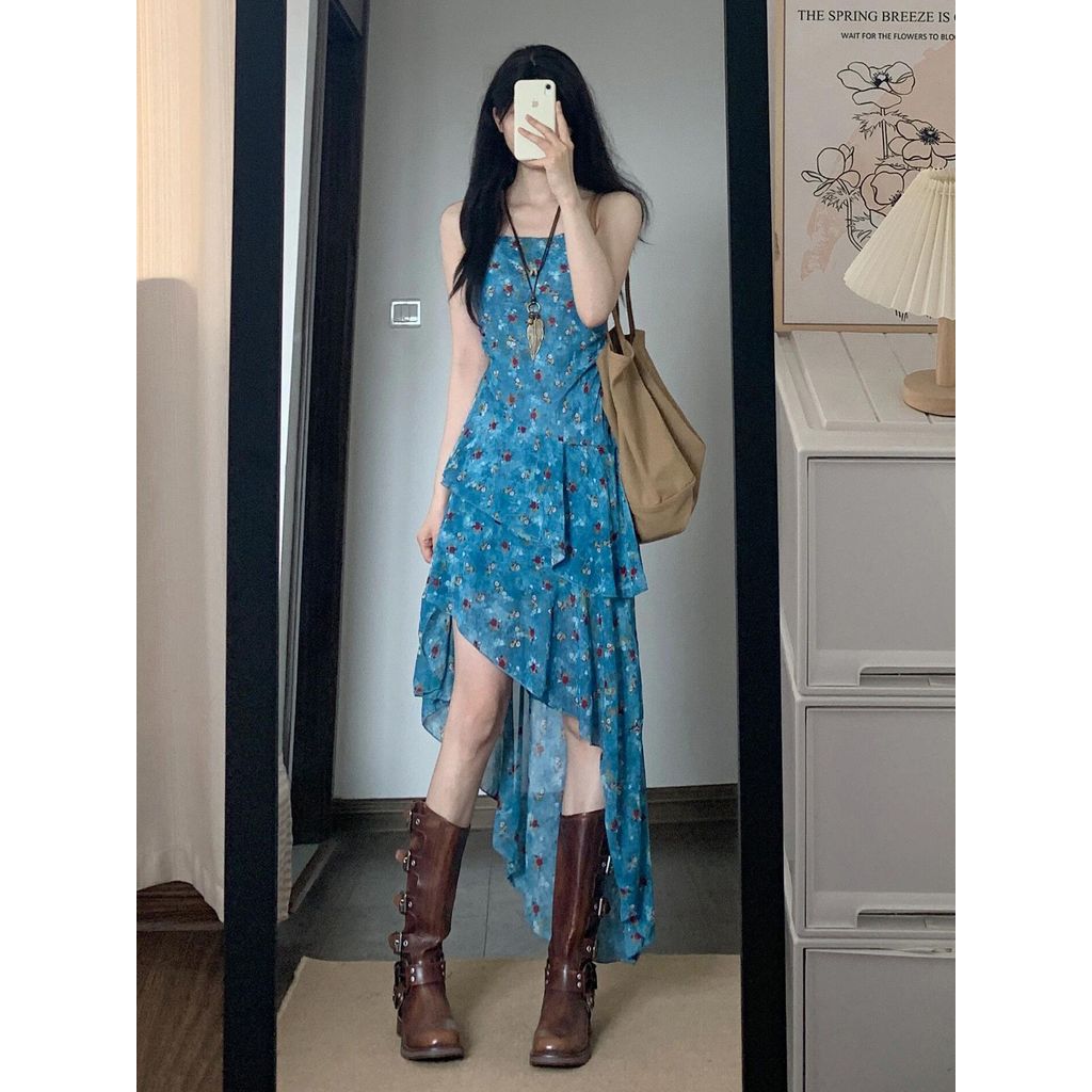 Phong Cách Ngày Lễ Tính Khí Hoa Sling Dress Mùa Hè 2026 Phong Cách Mới Ruy Băng Gợi Cảm Màu Xanh Hẹp Váy Dài Quần Áo Nữ