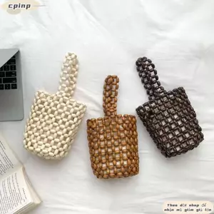 Túi Xô Hạt Gỗ CPINCP, Tay Cầm Vòng Tay Thiết Kế Dệt Rỗng Túi Xách Nữ, Vintage Có Túi Bên Trong Handmade Hình Trụ Túi Cổ Tay Mini Mùa Hè