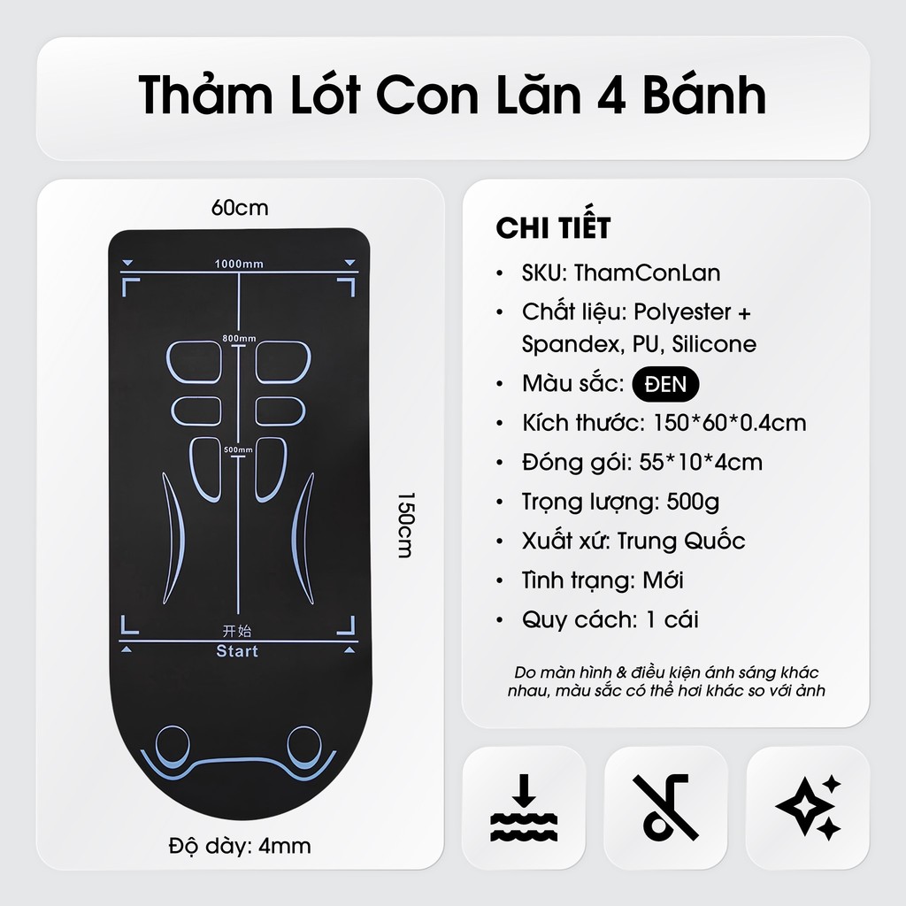 Thảm Lót Con Lăn Tập Bụng 150x60cm Chống Trượt 4mm - Gối Tập Gym Yoga Pilates - ThamConLan