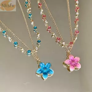 NKSFX 2 Cái / bộ Vòng Cổ Mặt Dây Hoa, Vòng Cổ Lớp Mạ Vàng Accent, Vòng Cổ Chuỗi Xương Đòn Hai Lớp Pha Lê Màu Hồng Ngọt Ngào Nữ Cô Gái