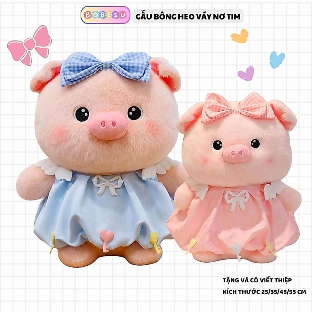 [ MẪU CAO CẤP ] Gấu Bông Heo Lợn Mặc Váy Xanh Hồng Đeo Nơ Dễ Thương Làm Quà Tặng Sinh Nhât Cho Bạn Gái, Bé Gái,Bobesu