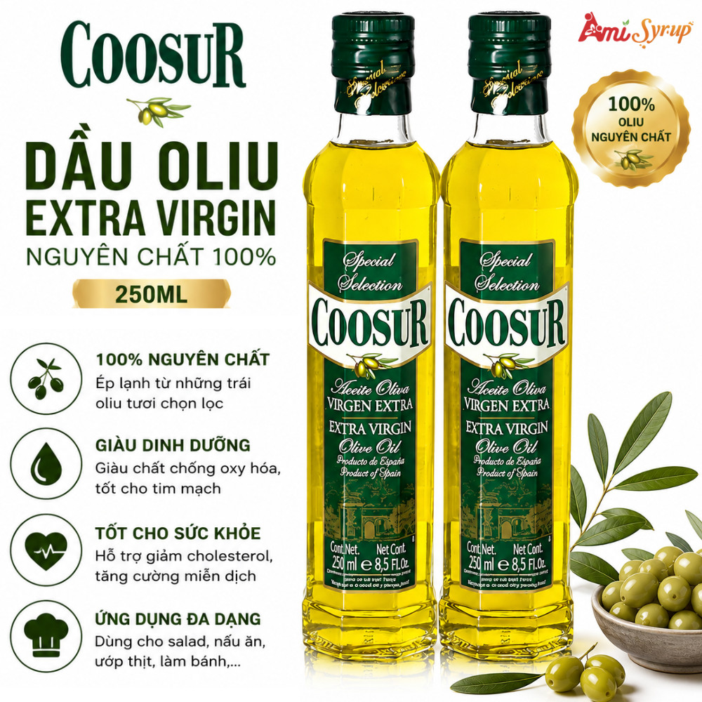 Dầu Oliu Coosur Extra Virgin Nguyên Chất 250ml, Dầu Olive Nhập Khẩu Cao Cấp, Giữ Trọn Hương Vị Dinh Dưỡng