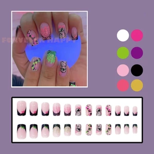 Pink Spider Wed Bấm Ngắn Trên Móng Tay Bộ Huỳnh Quang Xanh Nhện Wed Móng Tay Giả Cho Nữ Bé Gái Làm Móng Tay DIY