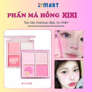 Phấn má hồng mịn lì XiXi 4 ô nhũ sáng highlight trang điểm, phấn má tích hợp phấn mắt nhũ lì bền màu