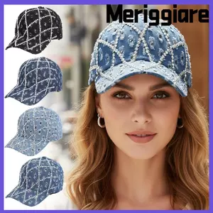 Mũ bóng chày đính đá MERIGGIARE, Mũ bóng chày Denim đau khổ lấp lánh, Mũ dạo phố thông thường có thể điều chỉnh hợp thời trang dành cho nữ