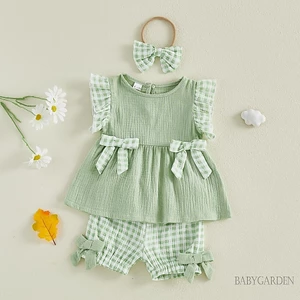 Bộ Bé Gái Bay Tay Ruffle Áo Kẻ Sọc Quần Short Và Nơ Băng Đô Trang Phục Mùa Hè