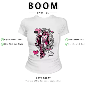 BOOM Áo Baby Tee Nữ Cotton Ôm Body-Áo Thun Ngắn Tay Y2K In Hình PhongCách Mùa Hè, Cổ Tròn Hàng Đầucách hàn quốc phong647