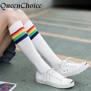1 Đôi Tất Nữ Dài Đến Đầu Gối Nữ Vớ Bóng Đá Cầu Vồng Sọc Dài Hàng Dệt Kim