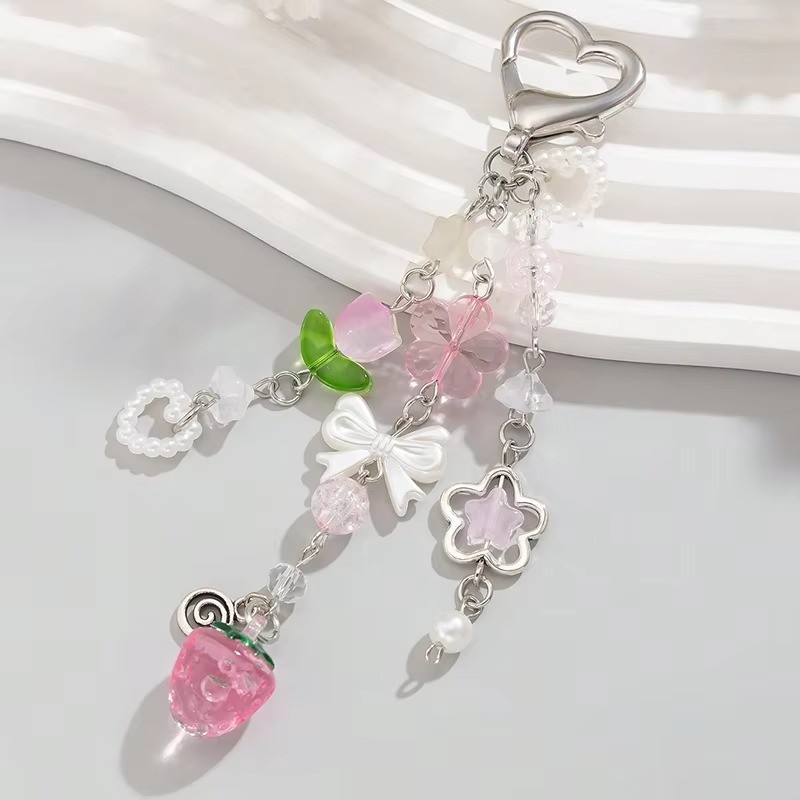 Giả Ngọc Trai Nơ Trái Tim Mặt Dây Chuyền Túi Mặt Dây Chuyền Màu Hồng Dâu Rỗng Hoa Tulip Đính Hạt Móc Khóa Phụ Kiện