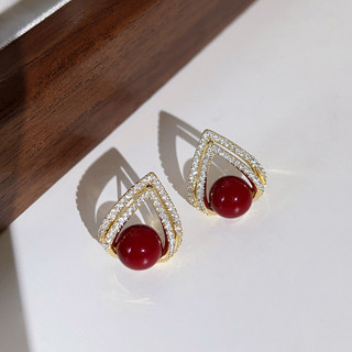 Bông tai ngọc trai và đá Burgundy hình học, style cổ điển cao cấp