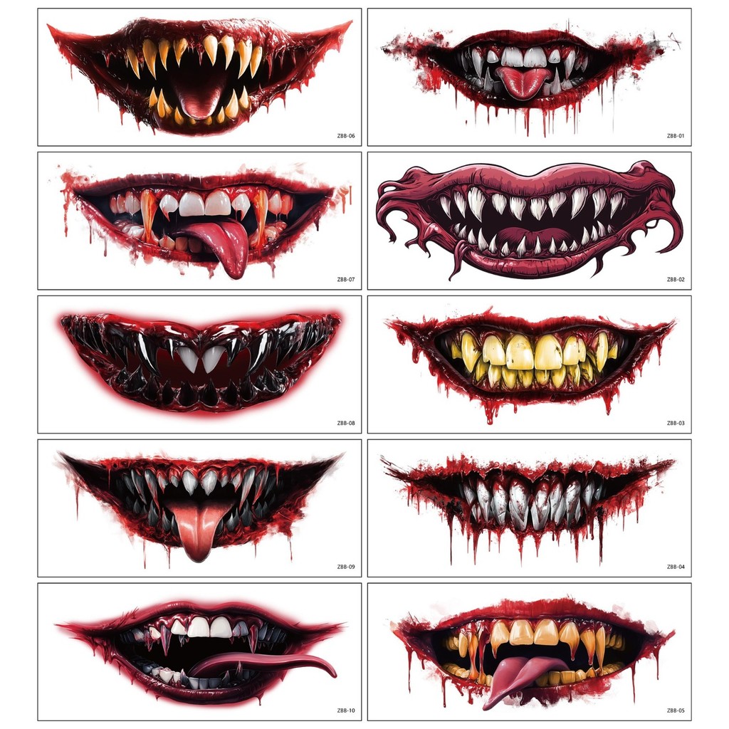 Miếng dán hình xăm miệng to màu đen trắng chống nước - perfect cho Halloween và trang điểm mặt