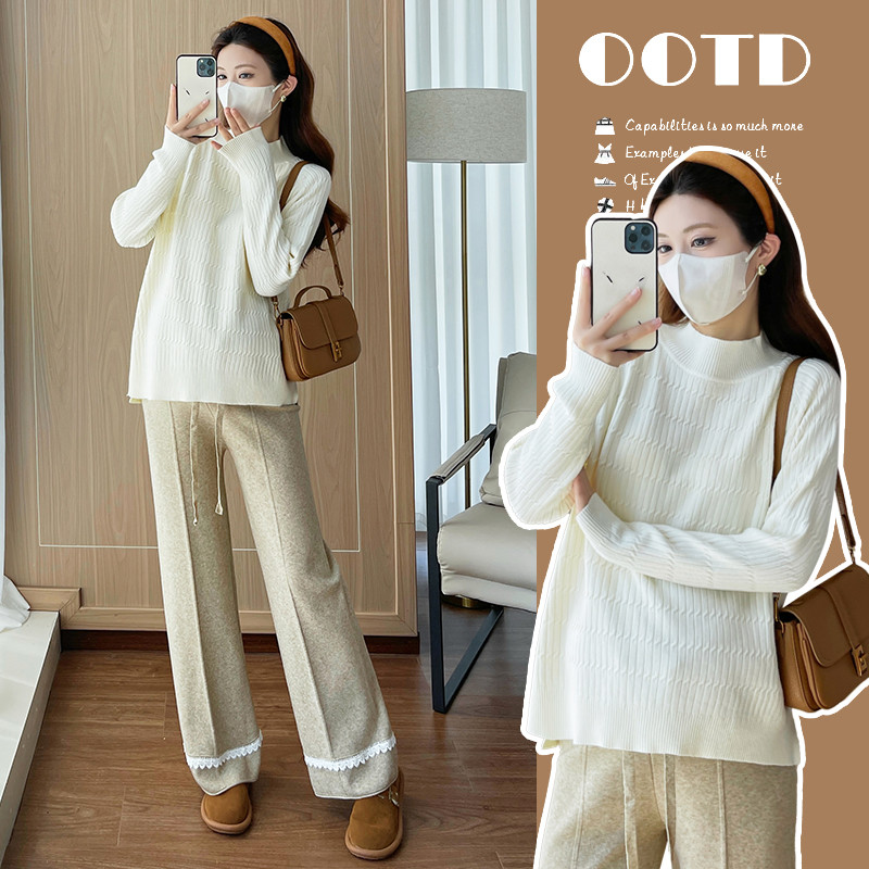 Bộ đồ bà bầu thu đông, áo len nửa cổ rùa và quần ống rộng