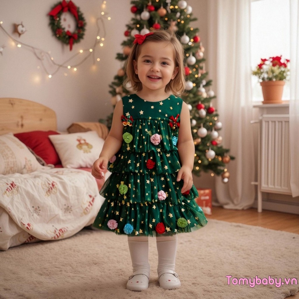 Váy chữ A cho bé gái Giáng sinh không tay Ngôi sao sáng bóng Váy vải tuyn xếp lớp có chuông