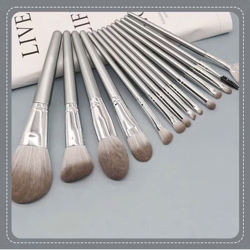Bộ cọ trang điểm cá nhân set 14 cây màu xám bạc có bao da