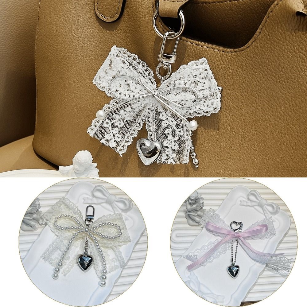 JKDESIGN Nơ Móc Khóa, Dây Xích Kim Loại Tinh Tế Đính Hạt Ren Nơ Móc Khóa, Y2K Trái Tim Charm Mặt Dây Chuyền Ba Lô Trang Trí