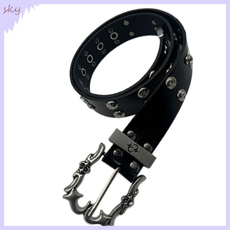 Bầu trờipunk thắt lưng da PU điều chỉnh dây eo có đinh tán, phù hợp style goth và hiphop