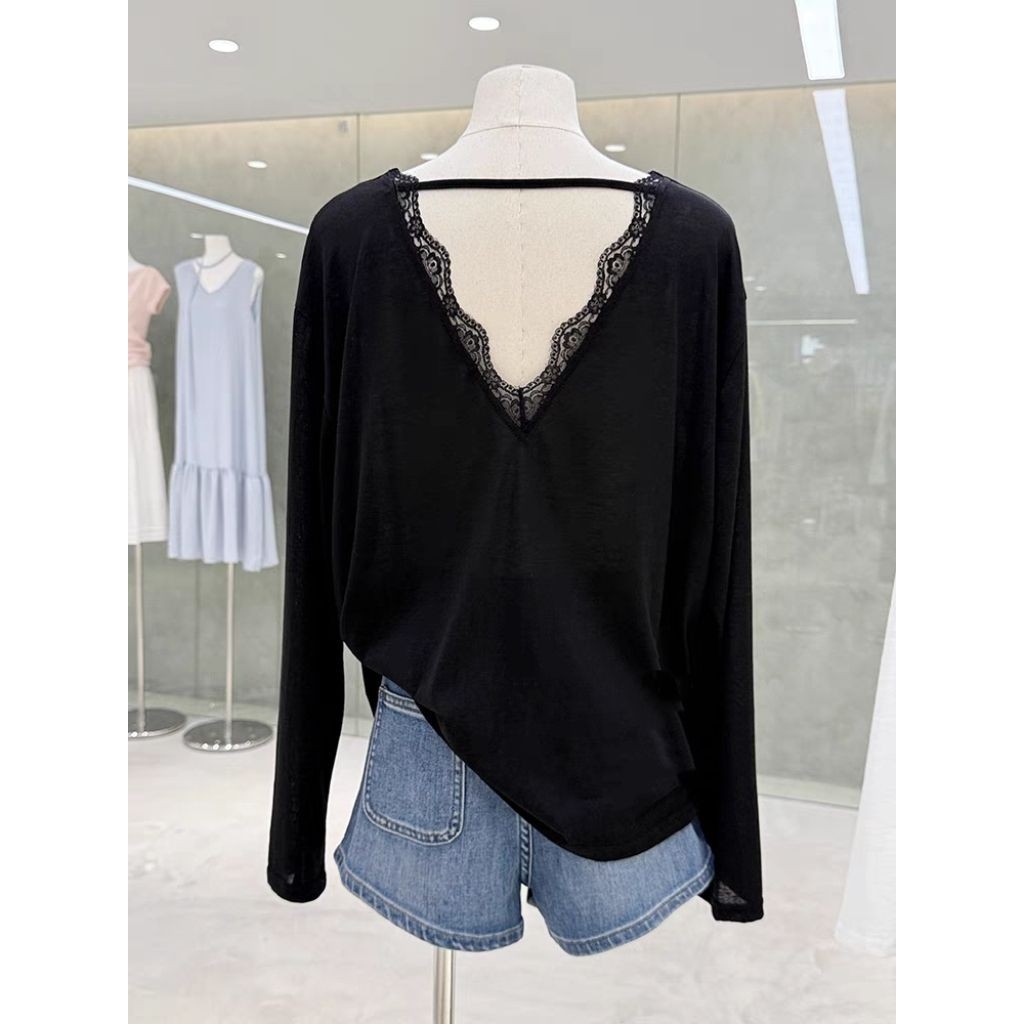 Milyfashion Lười Gợi Cảm Ren Khâu Cổ Chữ V Dây Dài Tay T Drape Chống Nắng Quần Áo Nữ