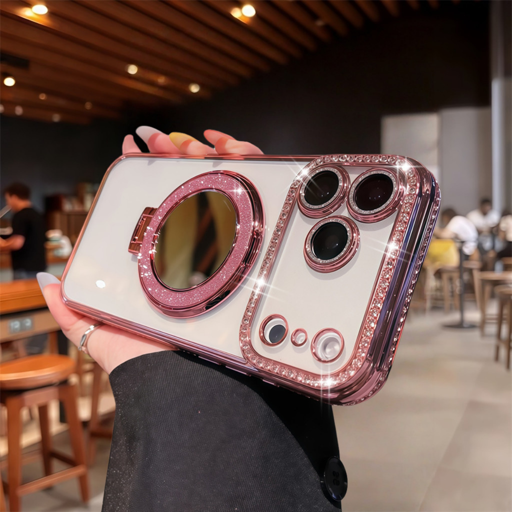 Ốp điện thoại giá đỡ gương màu hồng lấp lánh cho iPhone 17 12 13 14 15 16 Pro Max Air 15 16 plus Bảo vệ Camera ống kính Vỏ chống sốc Vỏ mềm TPU vỏ bảo vệ điện thoại