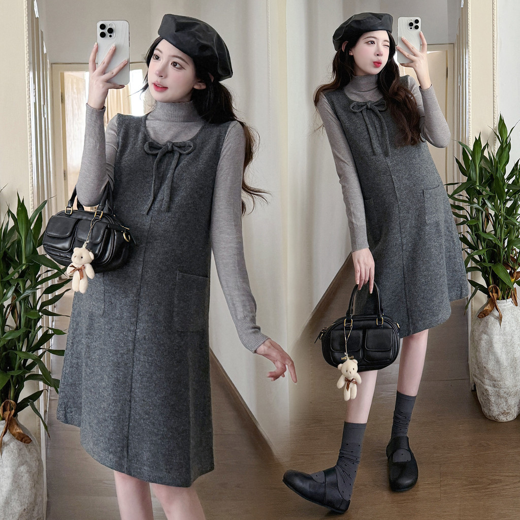 Bộ đồ bà bầu Thu Đông Nơ Váy len buộc dây Bộ đồ hai mảnh