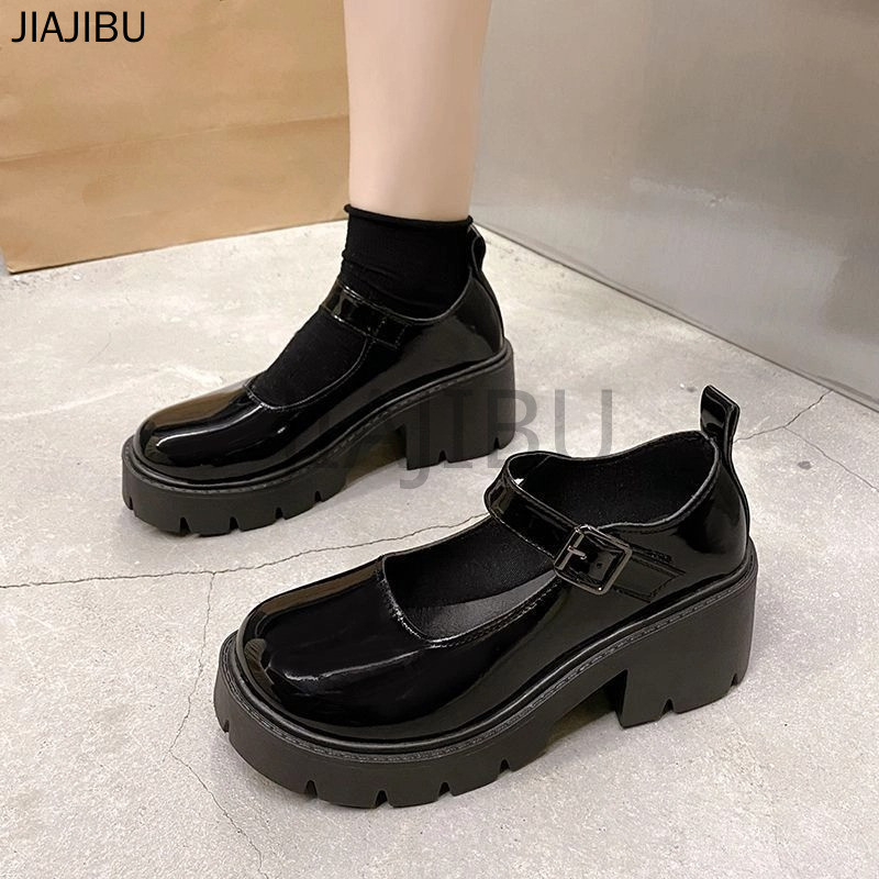 Size 34-43 Giày Da Mũi Tròn Chống Trượt Cổ Điển Phong Cách Đại Học Anh Màu Be/đen Cho Trường Học Đồng Phục JK Nhật Bản Lolita Cỡ Lớn Thường Ngày Dày Cao Gót Cho Nữ Korean Fashion Platform Mary Jane Doll Shoes