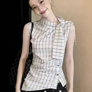 Áo sơ mi nữ dáng rộng cổ cao có dây buộc phong cách Hàn Quốc mùa hè phong cách mới Slim-Fit Slim-Fit Slimer Look Tính khí hàng đầu