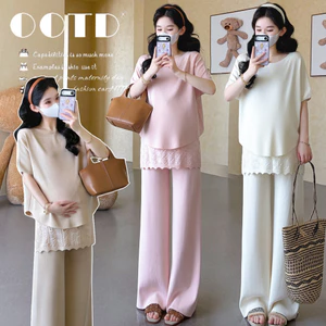 Bộ đồ bà bầu Áo dệt kim thời trang mùa hè + Quần ren Bộ đồ hai mảnh